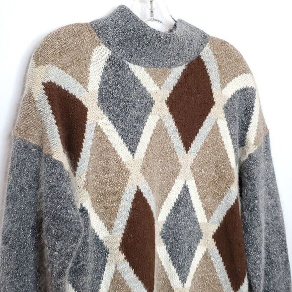 Vintage 90s Silk Angora Mock Neck Sweater L Argyle Diamond Academia Gray Brown - Picture 3 of 5